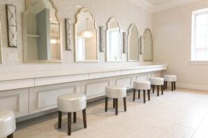 Bridal Suite at The Bowden counter mirrors lights stools